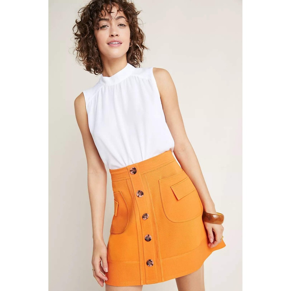 Anthropologie Maeve Louisa Mini Skirt Orange Button Front Bandage Knit Small